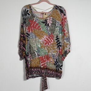 Democracy Top Womens Sz 1X 3/4 Sleeve Waist Tie Floral Print